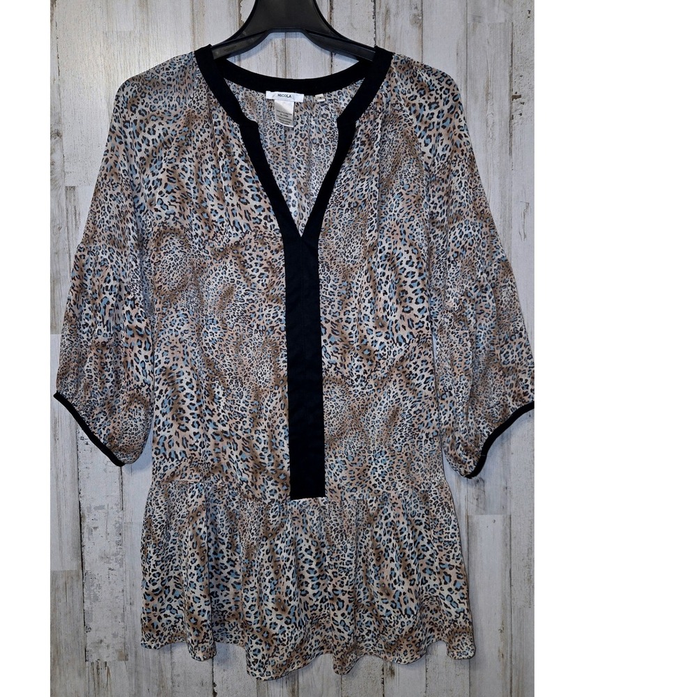 NICOLA size S Sheer Chiffon Tunic flare ruffle Top 3/4 sleeve Animal print